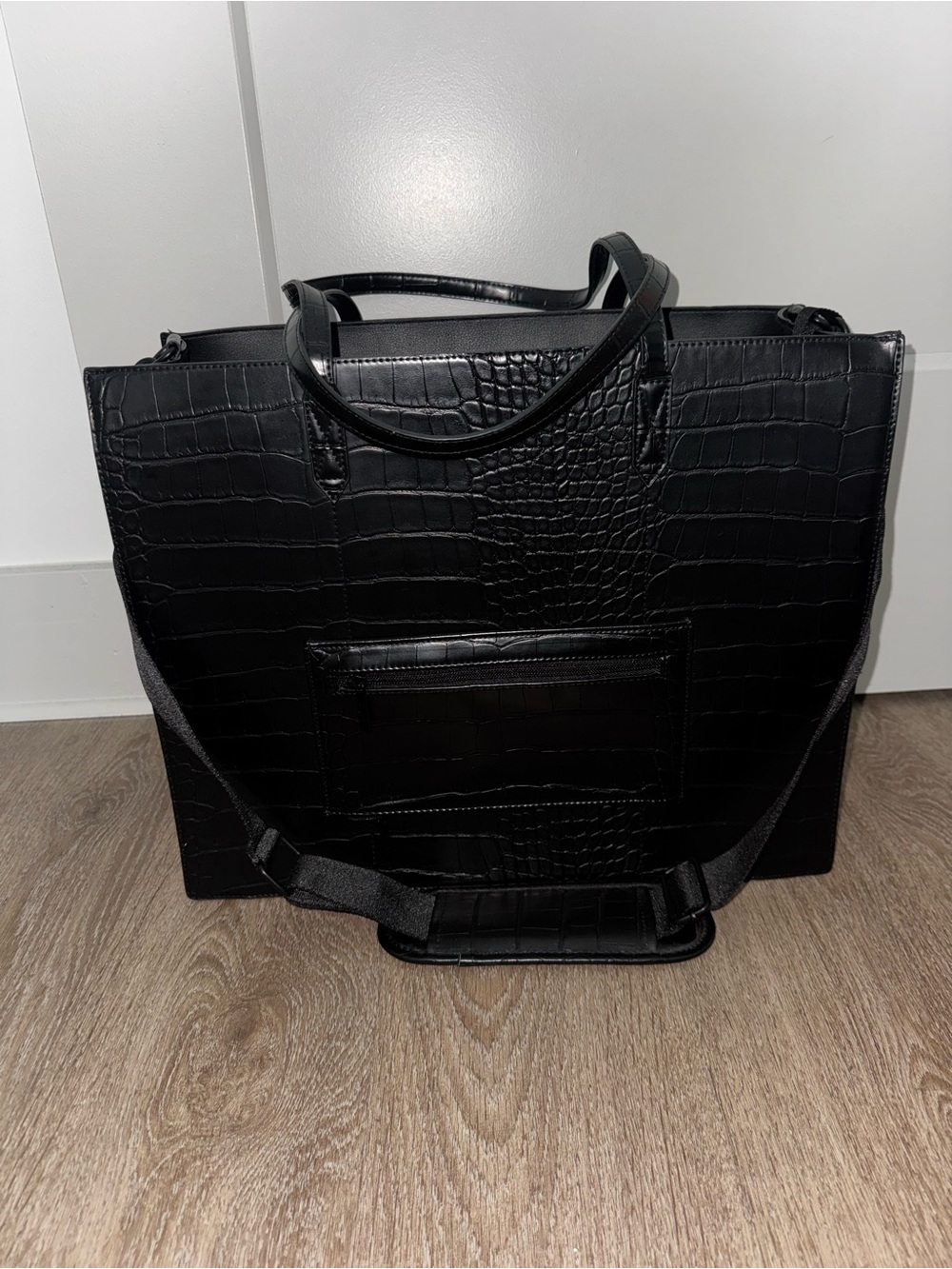 Beis large work tote black croc print leather